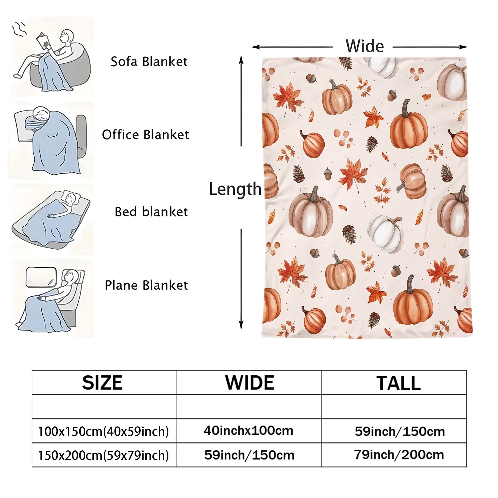 Cream White Background Fall Pumpkin Acorn Maple Leaf Flannel Throw Blanket Harvest Pine Cone Berry Print Soft Warm Plush Blanket
