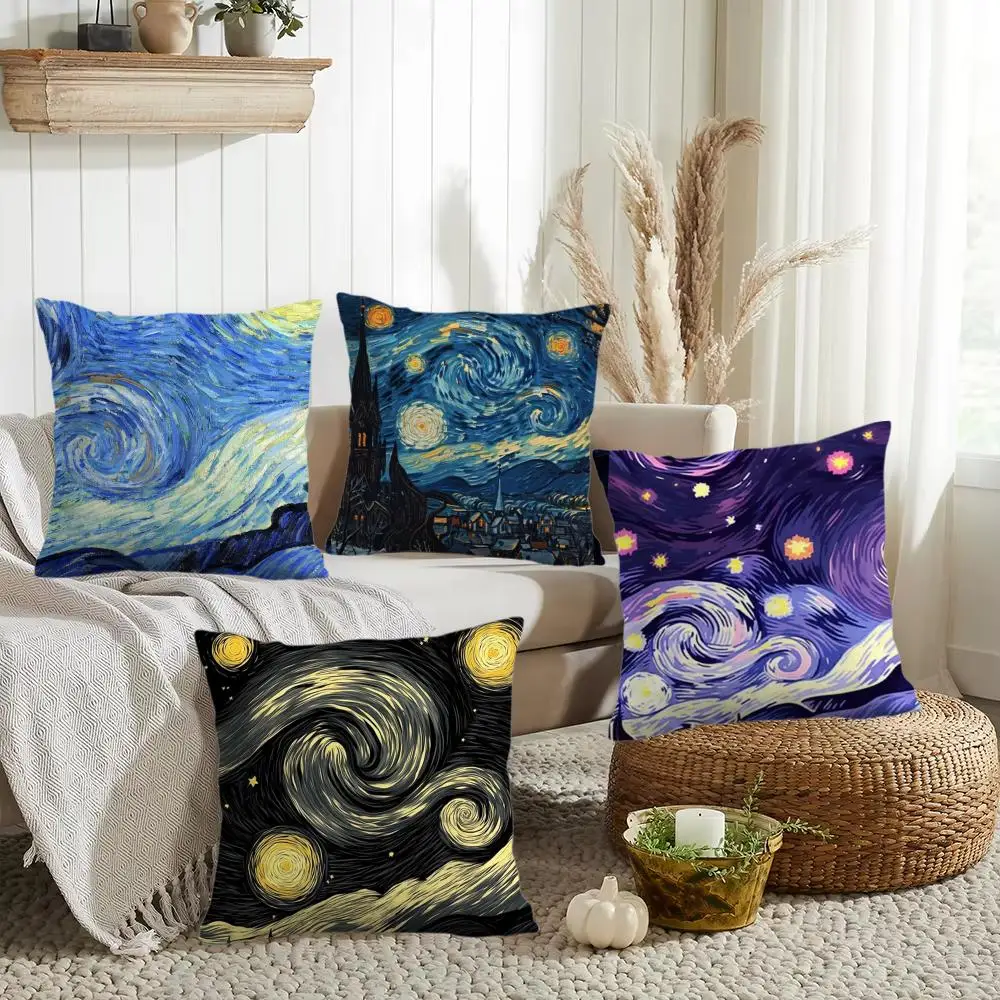 Color Van Gogh's Starry Night Cushion Cover Short Plush Doub