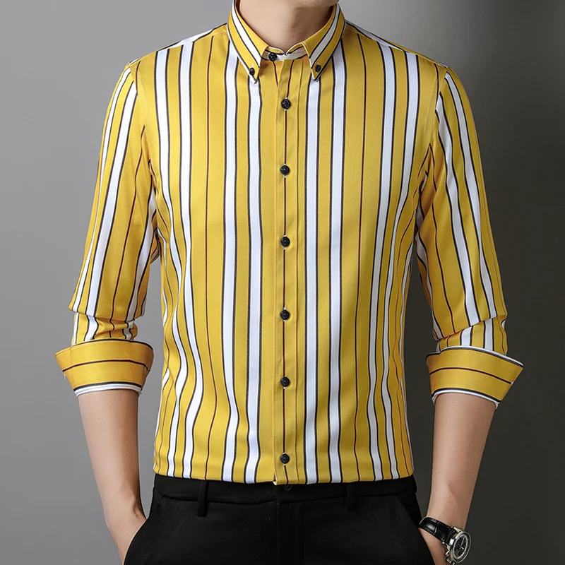 Camisa de manga larga para hombre, ropa formal básica clásica, ajustada, elástica, a rayas, informal, cómoda y a la moda