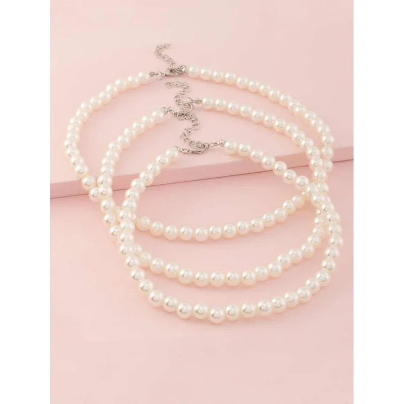 3pcs/Set Girls White Pearl Beaded Necklace Choker Jewelry Set, Suitable For Daily Decoration