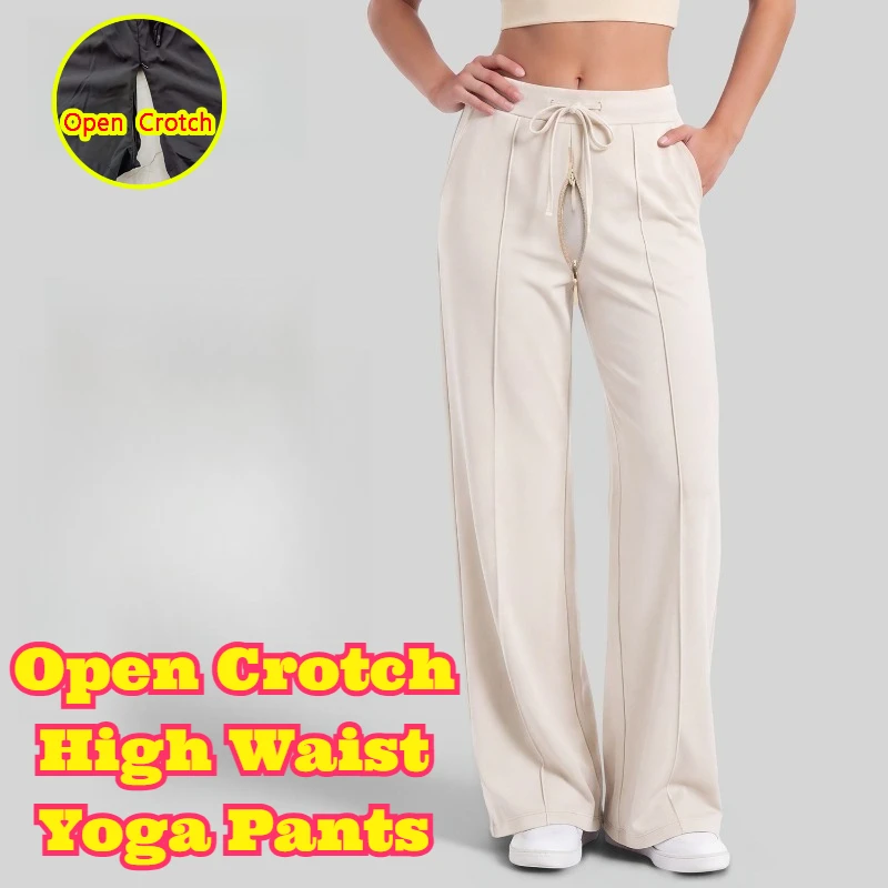 Open Crotch Womens High Waist Drawstring Wide Leg Yoga Pants Loose Draping Slim Fit Sport Trousers with Side Pockets Soft Casual