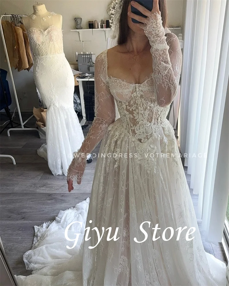 Giyu elegante una línea de Vestidos de novia de encaje de manga larga Sweetheart corte tren Vestidos de novia de talla grande Vestidos de noiva personalizados