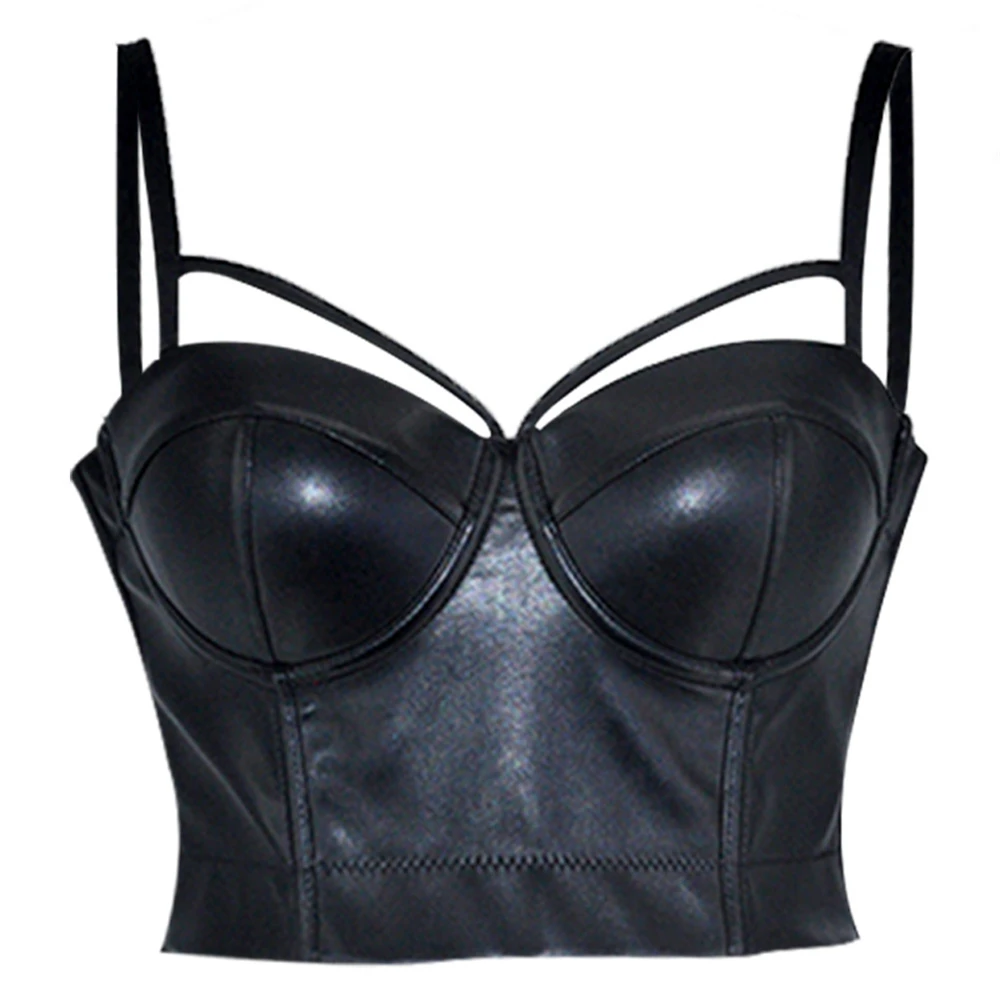 Sexy Black PU Leather Zipper Bra Push Up Bralet Female Gothic Tube Top Corset Bustier Bra Club Party Crop Top Lingerie Plus Size