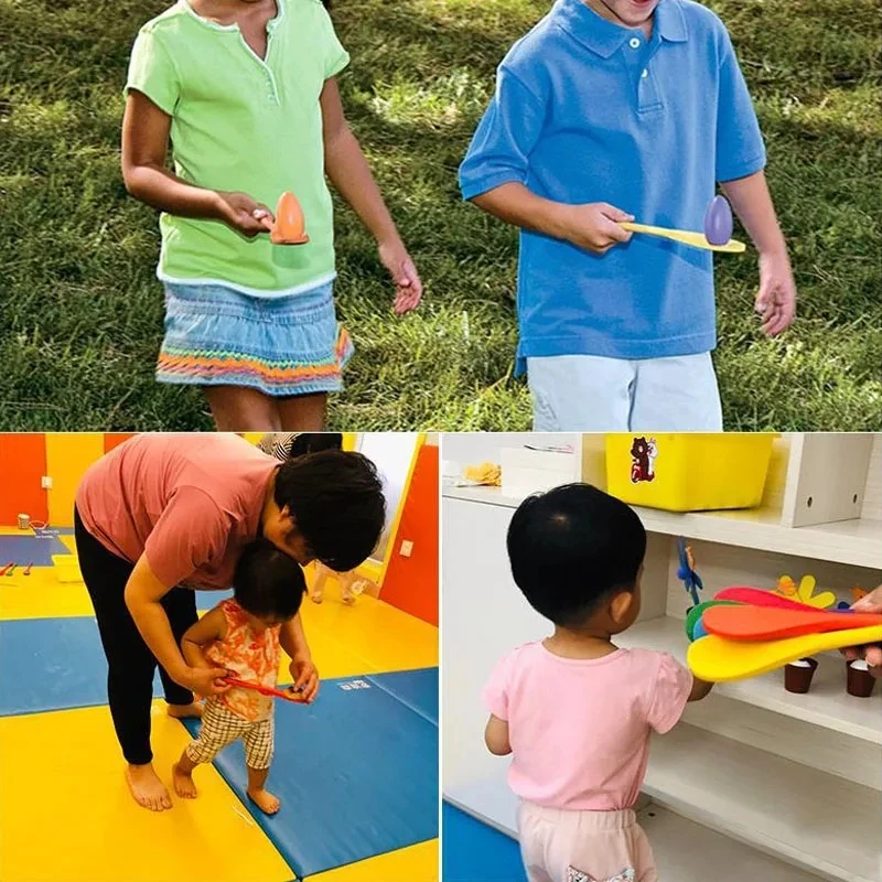 Cuchara de entrenamiento de equilibrio de aprendizaje temprano, juguete Montessori de 6 piezas, juego de carreras de huevo, cuchara de equilibrio de madera, entrenamiento de sentido, juguete al aire libre, regalo