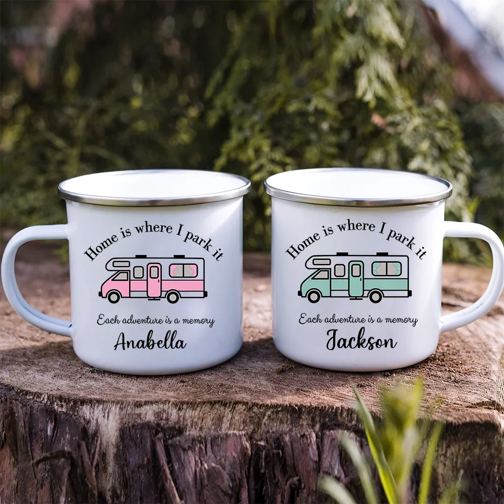 

Personalised Mug Custom Touring Car with Name Enamel Mug Camping Campfire Coffee Mugs Travel Water Cups Camper Van Best Gifts