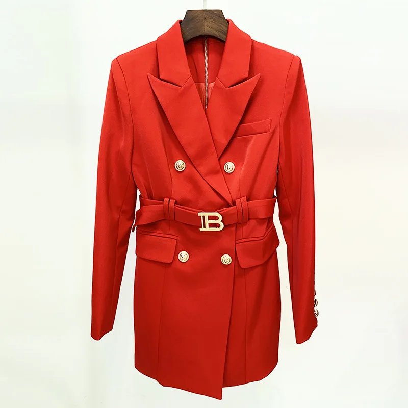 2025 Celebrity Style Commuting Double Breasted Metal Buckle Belted Slim Fit Suit Dress