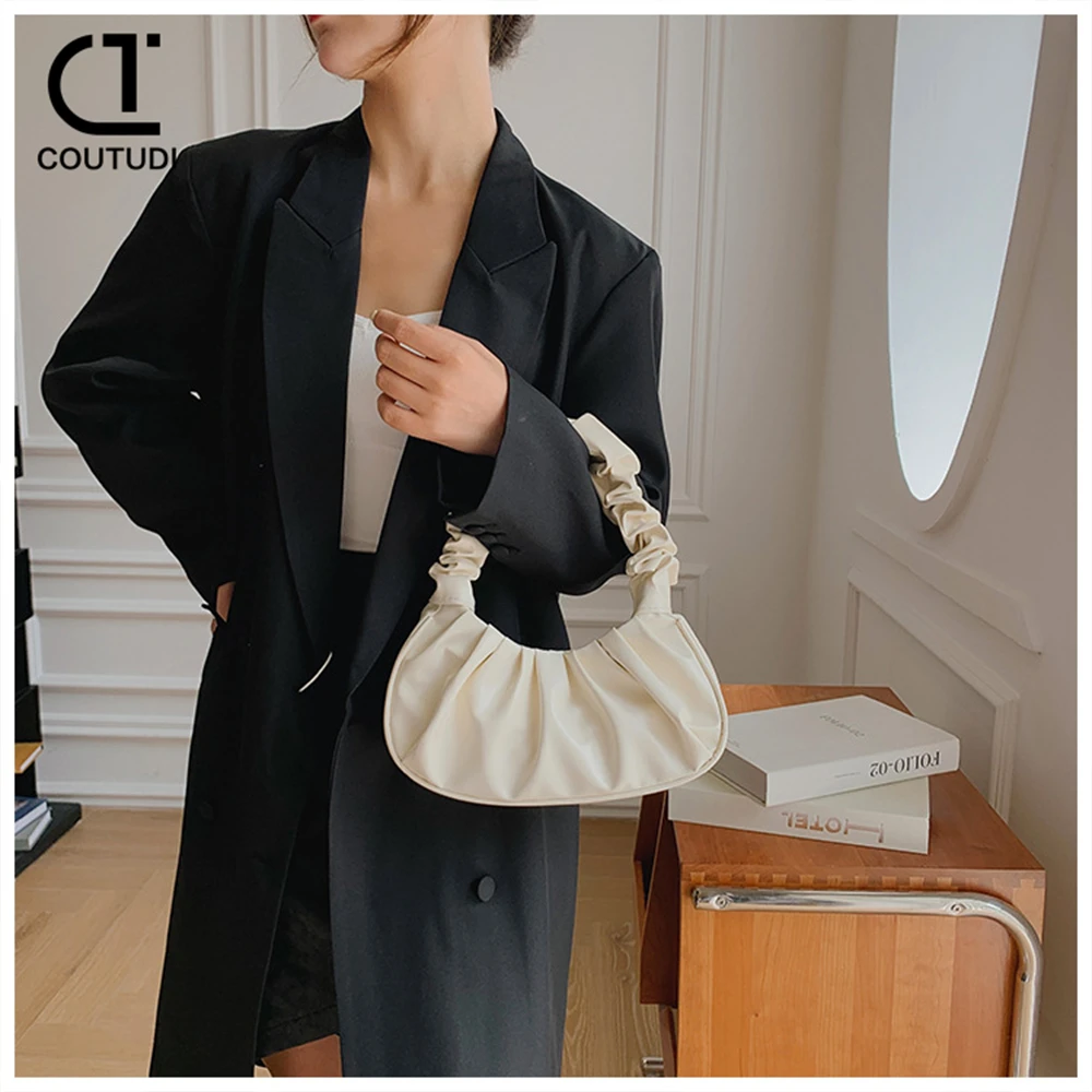 COUTUDI Pleated Handlebags for Women PU Cloud Bags Leisure Armpit Bag Shopping Shoulder Bags Dumpling Handbag Female Hobo Bags ﻿