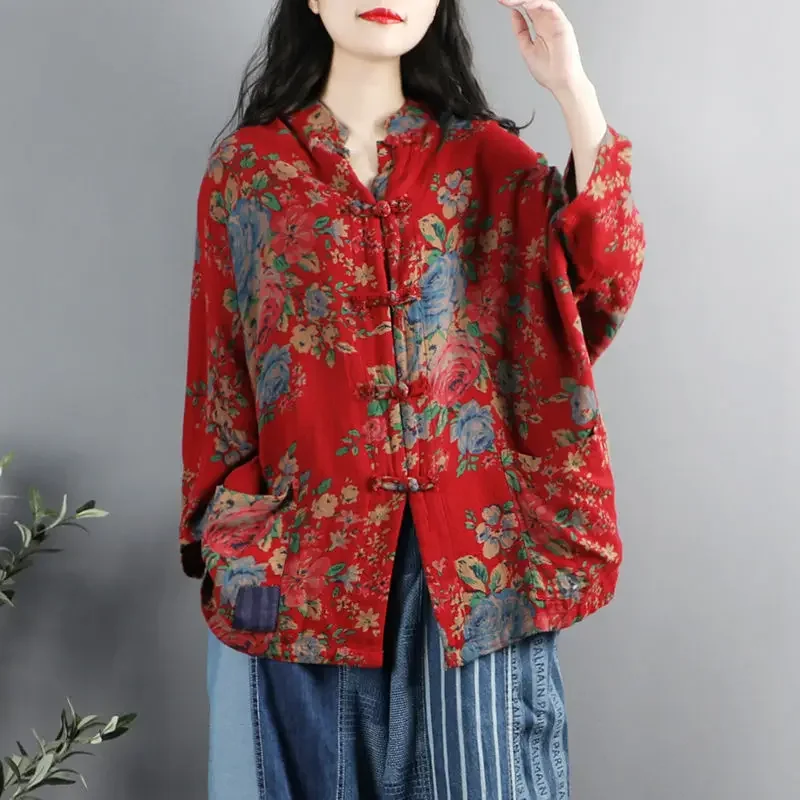 Etnische Stijl Met Bloemenprint Katoenen En Linnen Overhemd Vrouwen Chinese Stijl Retro Opstaande Kraag Driekwart Mouwen Casual Losse Top