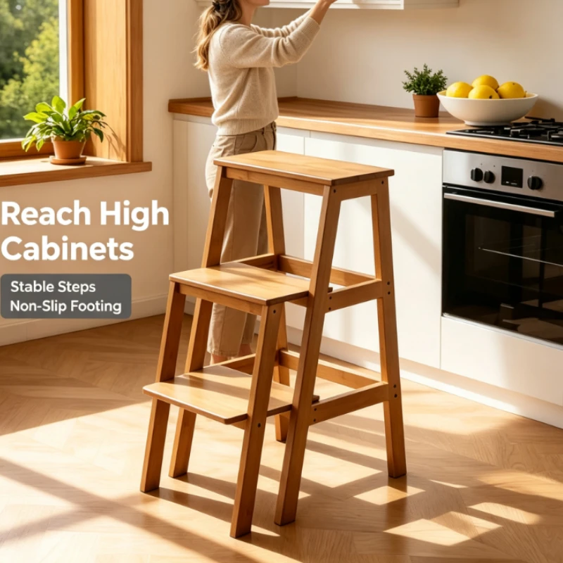 Solid Wood Step Stool With Three Tier Design For Kitchen And Living Room High Reach And Seating Use