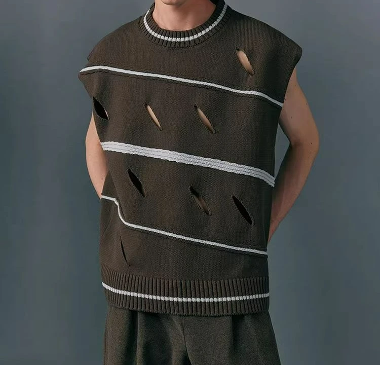 New Ripped Striped Knitted Sweater Men's Vest Hollow Irregular Loose Sleeveless Wide Shoulder Sweater Vest