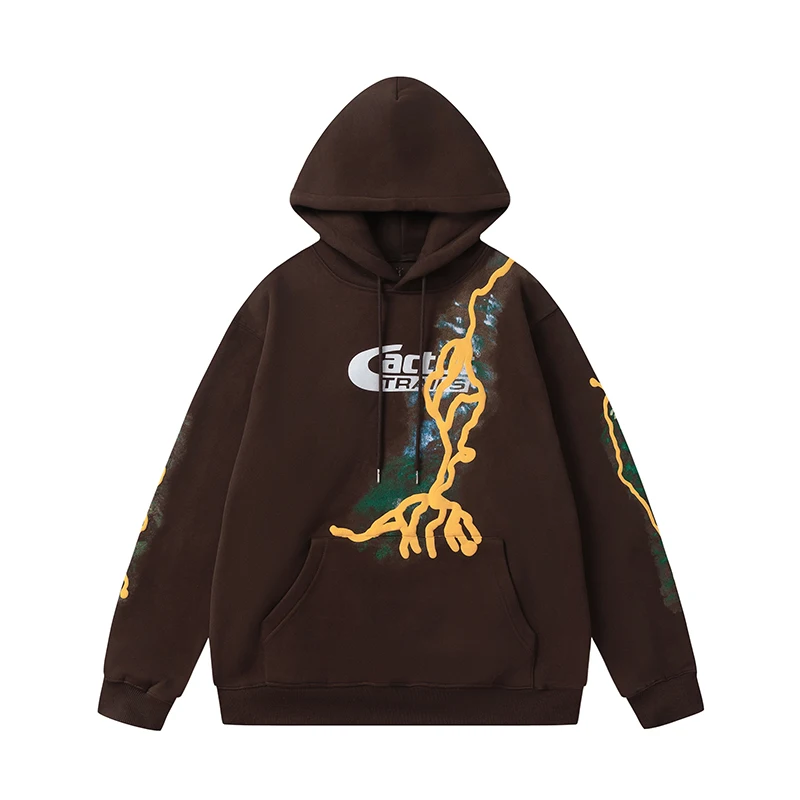 

High Street Lightning Foam Print Pullover Fleece Hoodies for Men and Women Cactus Jack Brown Vlevet Hooded Sweatshirts Oversized