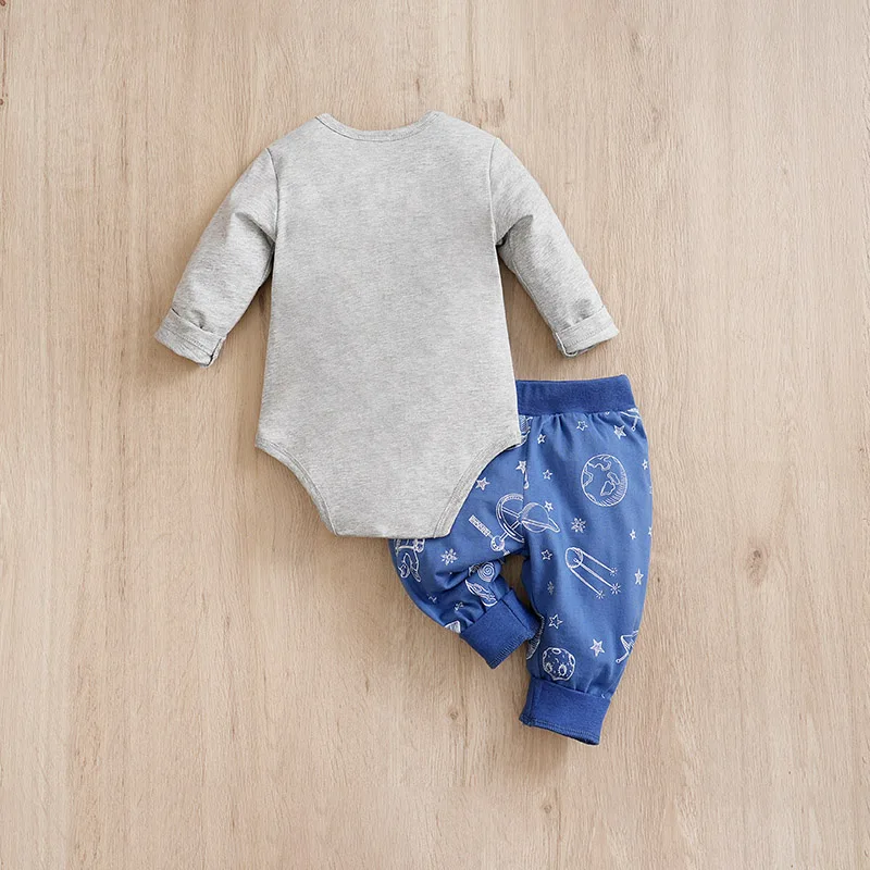 Spring And Autumn Boys And Girls Casual Style Astronaut Printed Cotton Long Sleeve Baby Triangle Bodysuit+Two Piece Pants Set