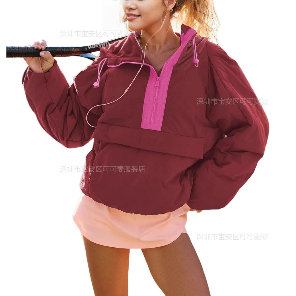 Keep Warm Thick Workwear Style Hooded Sweatshirt Women Contrast Color Zipper Drawstring Loose Pullover Hoodie Comfortable Casual