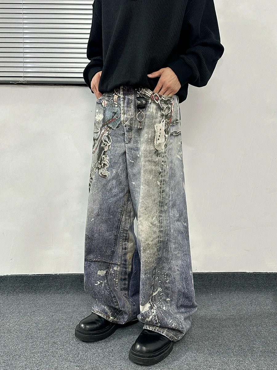 

Джинсы унисекс в стиле ретро, синие, выцветшие, широкие штанины, с цифровым принтом, молодежные, с высокой талией