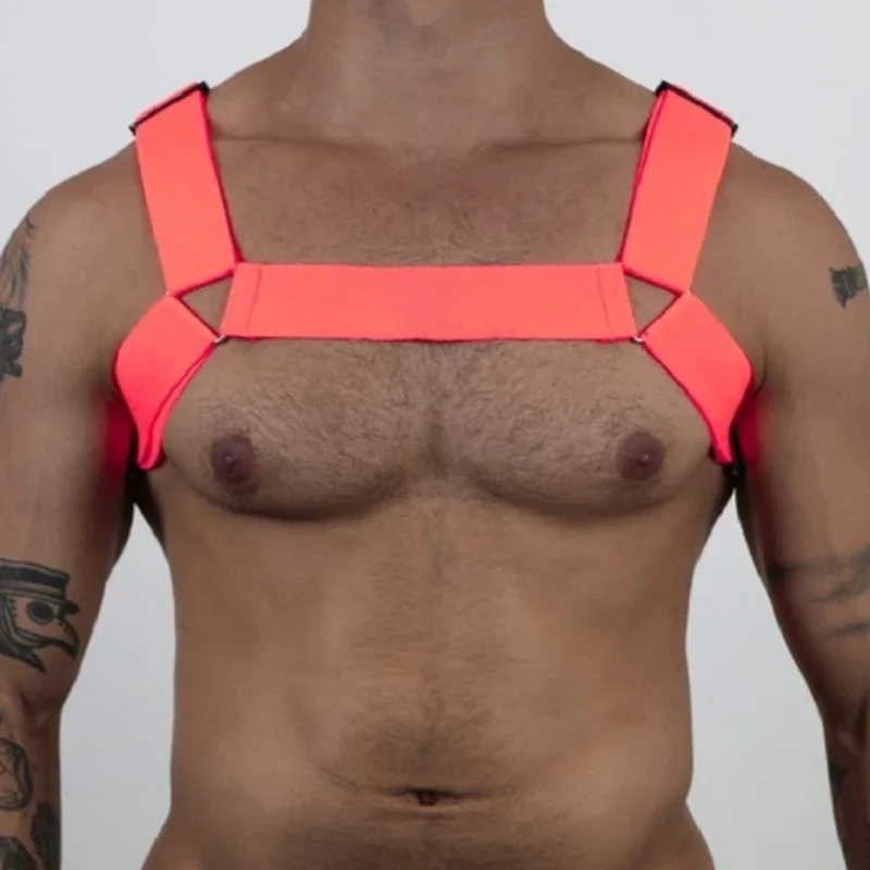 Fluorescent Color Male Elastic Band Harness Men Sexy Shoulder Straps Chest Bondage Muscle Club Party Hollow Costume XS3468