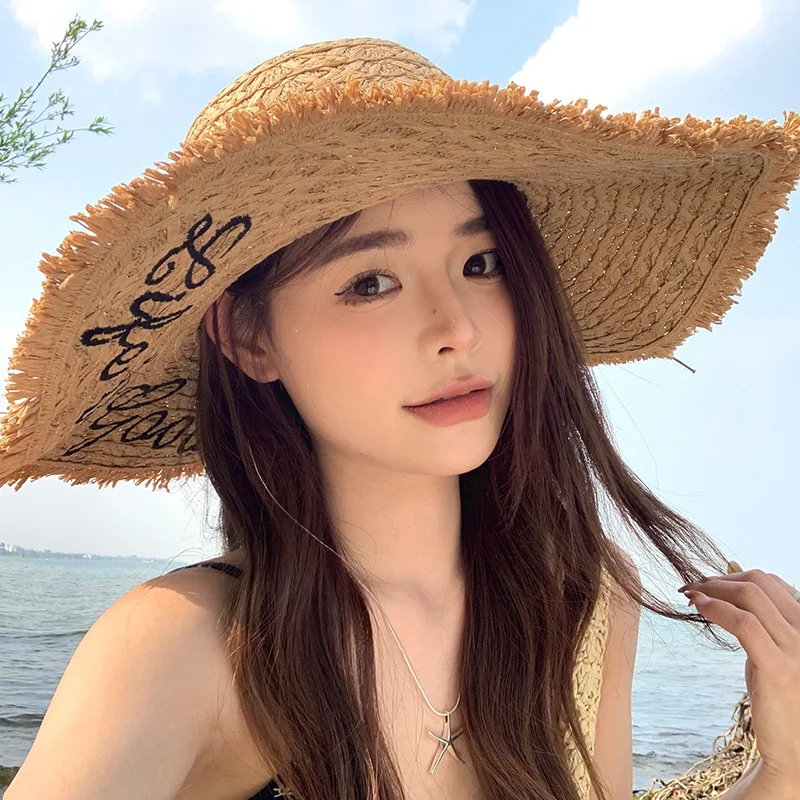 

Raffia Straw Hat Woven Letter Pattern Country Style Women's Summer Beach Vacation Large Brim Sunshade Hat Coastal Beachwear