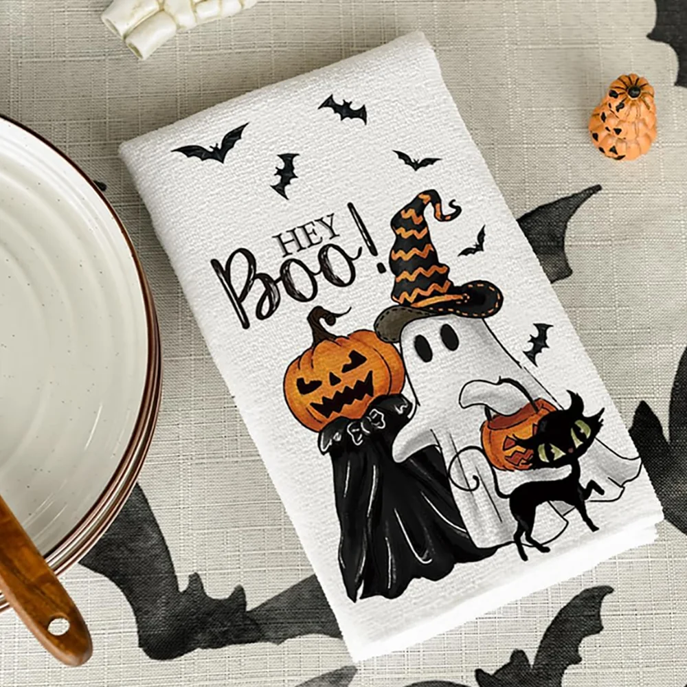 Hey Boo Halloween Festival Ghost Pumpkins Bats Cat Kitchen Dish Seasonal Hand Towel for party decoration supplies Décor Favors