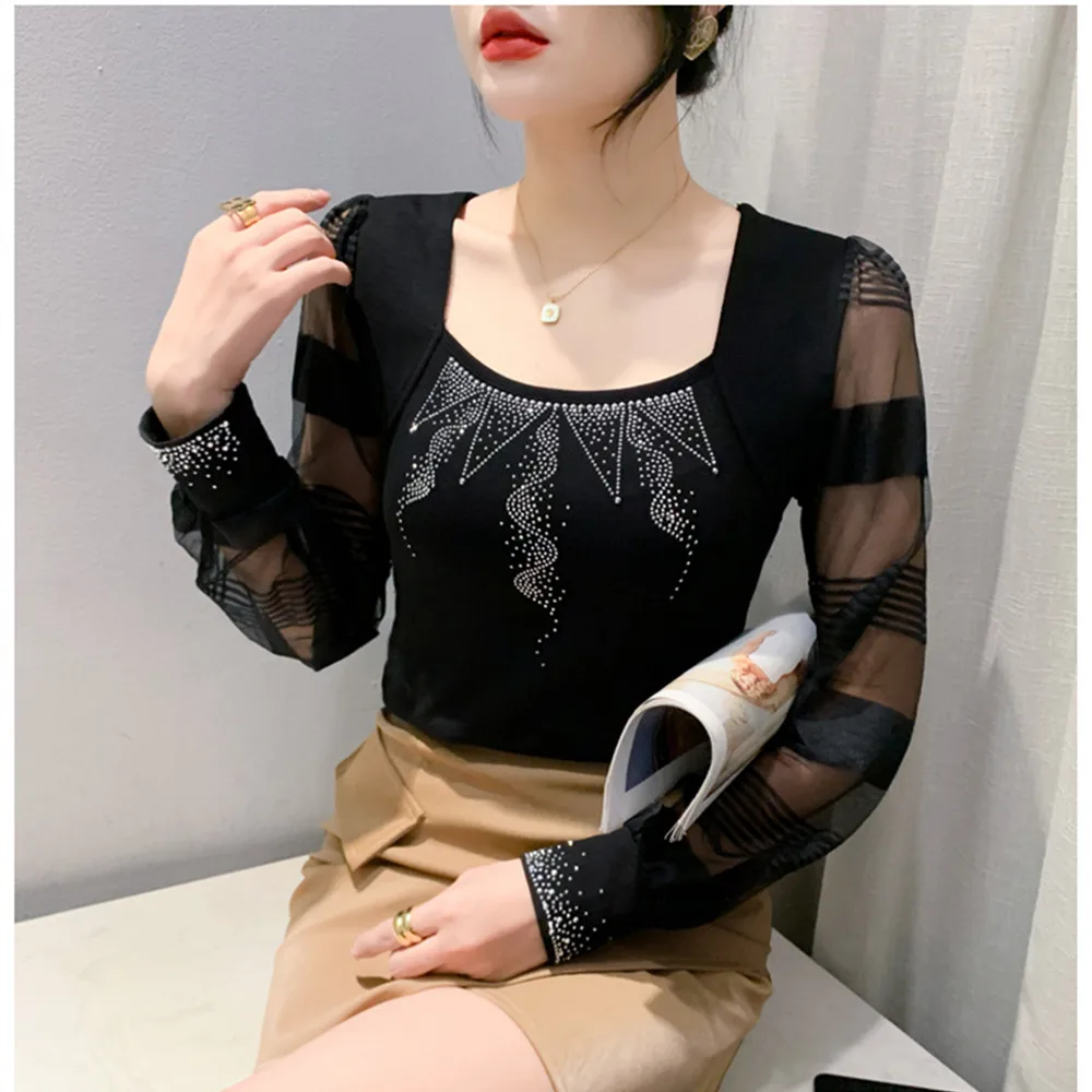 2024 New Fall Winter Clothes Mesh T-Shirt Chic Sexy V-Neck Patchwork Flower Diamonds Women Tops Long Sleeve Drill Tees