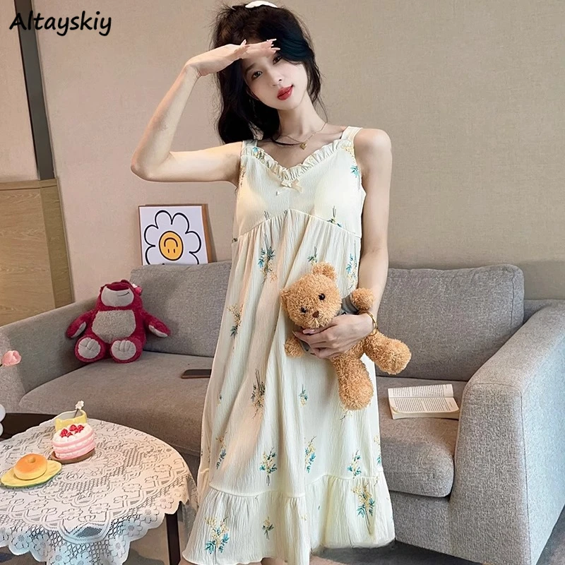 Sleeveless Nightgown Women with Padded Summer Sweet Bow Ruffles Leisure Korean Fashion Girlish Lovely Princess Sleepwear 4XL