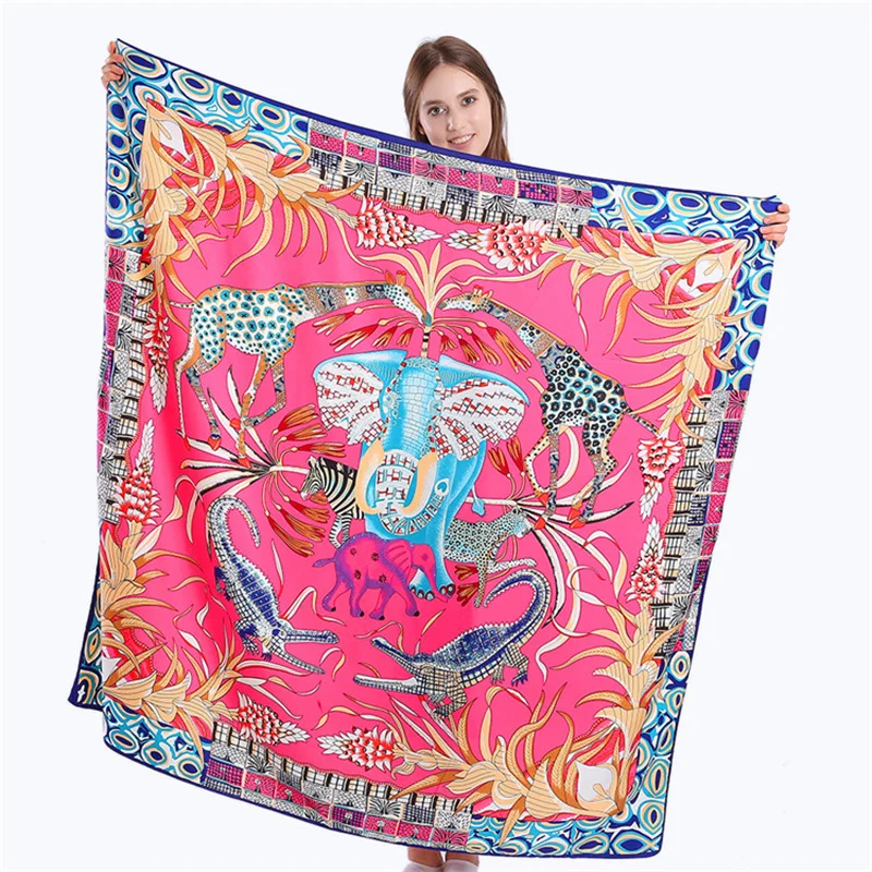

POBING Twill Silk Square Scarf Animals Print Women Scarves&Wrap Giraffe Neckerchief Spanish Foulards cachecol Large Bandana