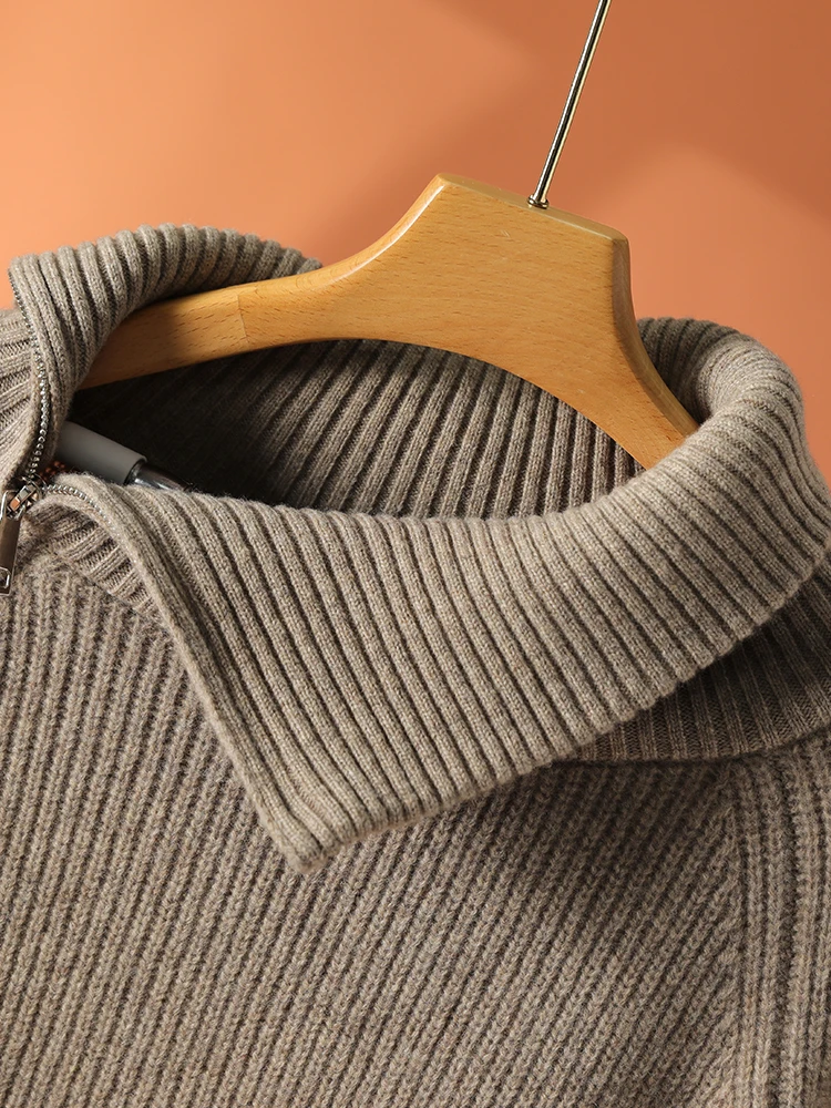 New 100% Goat Cashmere Women Turn-down Collar Sweater Slant Zipper Pullover Autumn Winter Thick Casual Loose Knit Clothing Tops