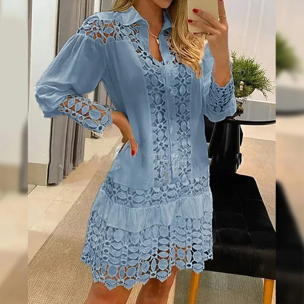 

New Women Spring Autumn Sexy Lace Splicing Long Sleeve Cutout Hollowed Out Shirt Ladies Dress Elegant Female Fashion Dress