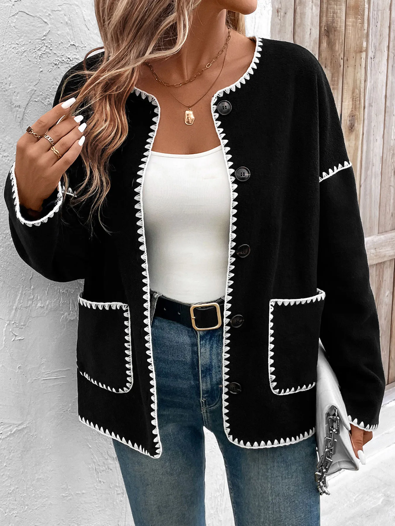 2023 Autumn Casual Women Coats O Neck Straight Single Breasted Oversized Jackets Winter Patchwork Elegant Female Outwears