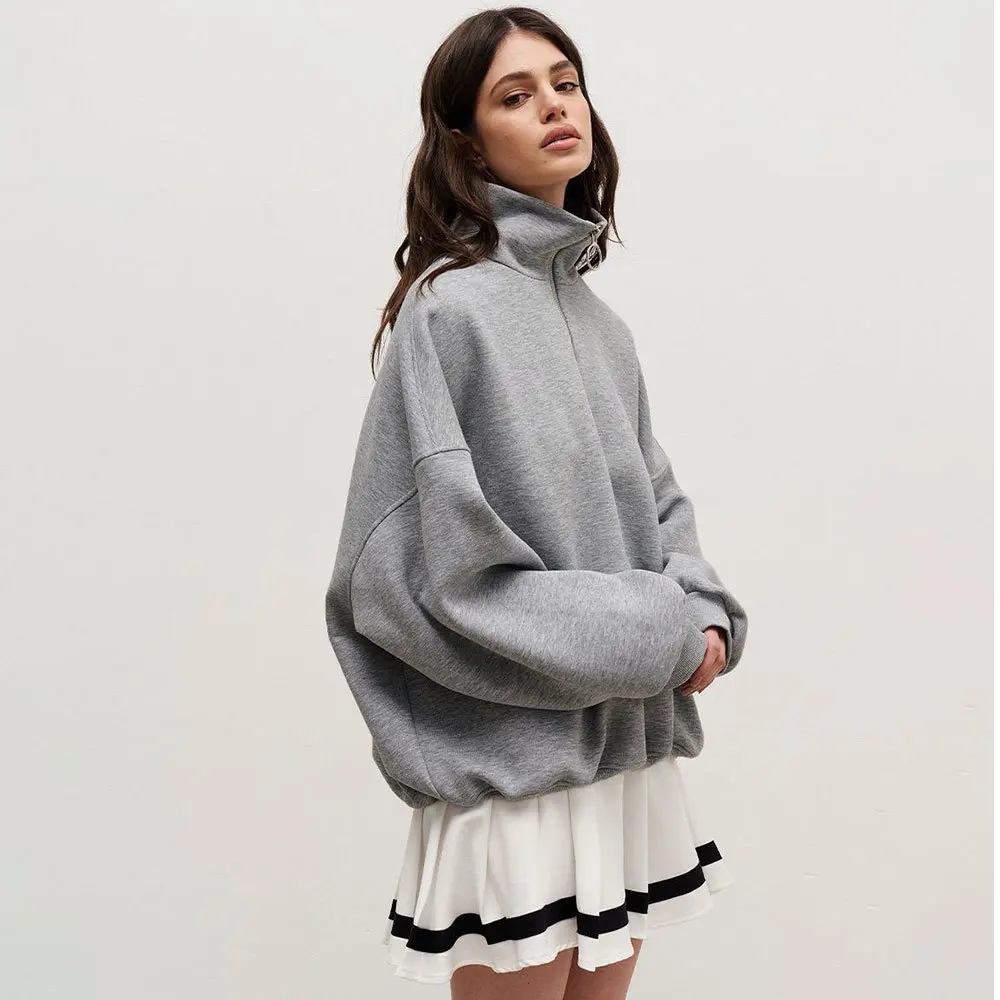

Streetwear Loose Grey Sweatshirts Women Long Sleeve Autumn Winter Pullover Zipper Turndown Collar Solid Color Loose Top Sweater