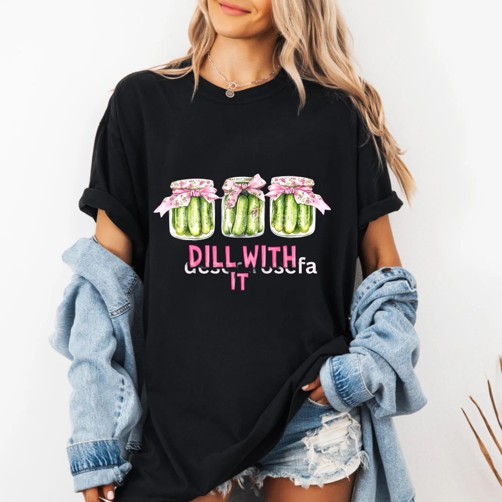 Coquette Floral Bow Pickle Jar Dill With It Graphic Tshirt Cute Fun Vegetable Print Tee Soft Cotton Casual Y2K Short Sleeve Tops