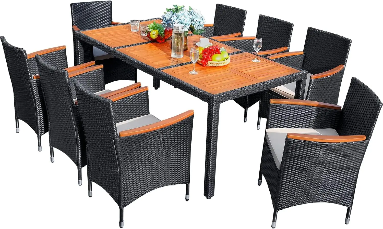 9 Piece Patio Dining Set Outdoor Acacia Wood Table and Chairs  Wicker Patio Furniture for Deck, Backyard, Garden