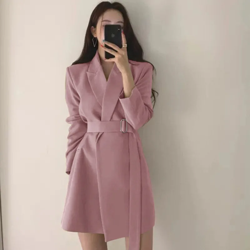 Female 2023 new spring coat office lady pink belt long blazer jacket