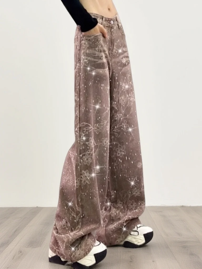 

Модные свободные утягивающие широкие джинсы с высокой талией и принтом в стиле ретро, новинка 2026, женские повседневные джинсовые джинсы с несколькими штанинами