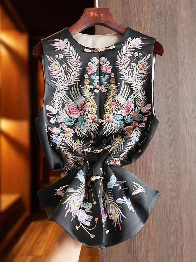 الأزهار التطريز سترة المرأة بلا أكمام المطرزة الرجعية القمم النمط الصيني العرقية خمر تانغ سترة