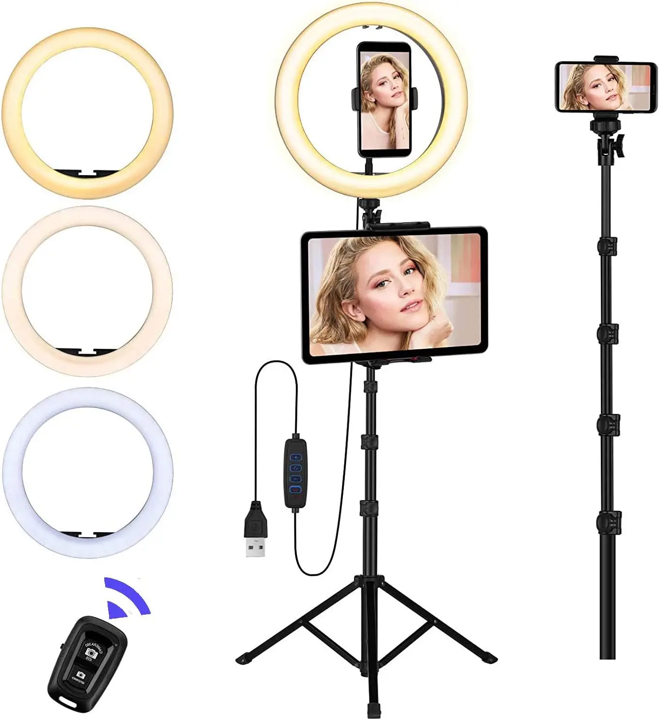 

10'' LED Ring Light with Stand & Phone Holder, Bluetooth Remote, 3 Color Modes for Makeup, YouTube, Photography