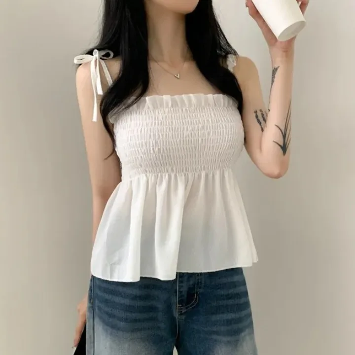 

Summer Chic Women's Strap Vest Folded Chest Bridesmaid ort Sle Slimming Top Versatile Wrap Waist Design Casual Wear