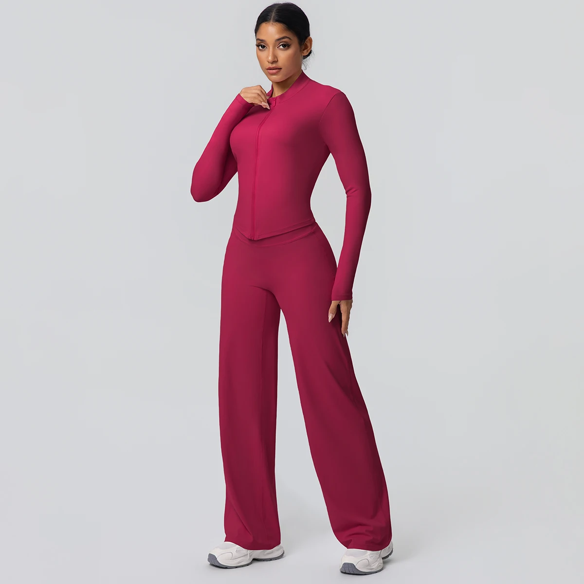 2 stück Schnell Trocknend Sport Fitness Kleidung Yoga Set Frauen Yoga Zipper Lange Ärmel Hohe Taille Atmungsaktive Breite Bein Hosen set – Detail 38