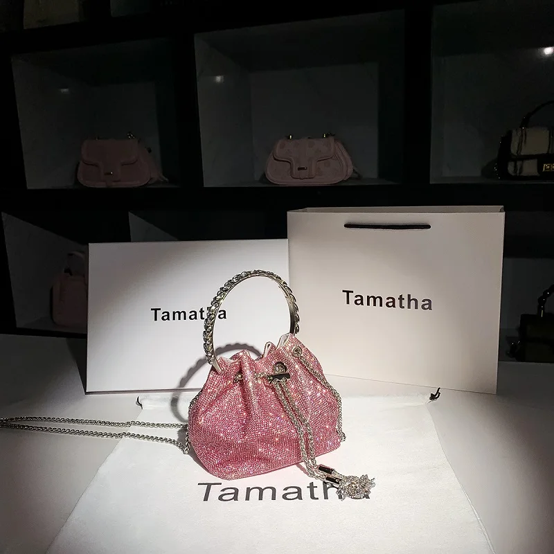 Roze Kleur Diamant Kwastje Avond Clutch Bag Vrouwen Handtas Metalen Handvat Shiny Crystal Emmer Purse Chain Schouder Crossbody Tas