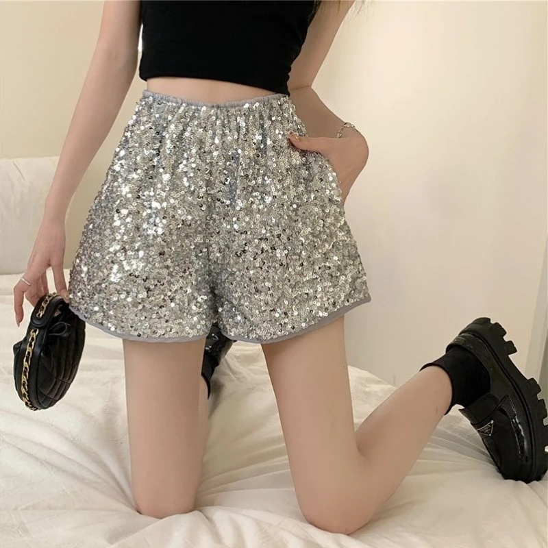 Women's A Line Wide Leg Shorts Elastic Waist High End Sequin Pockets Slimming High Waist Casual Summer 2026 New Arrival​