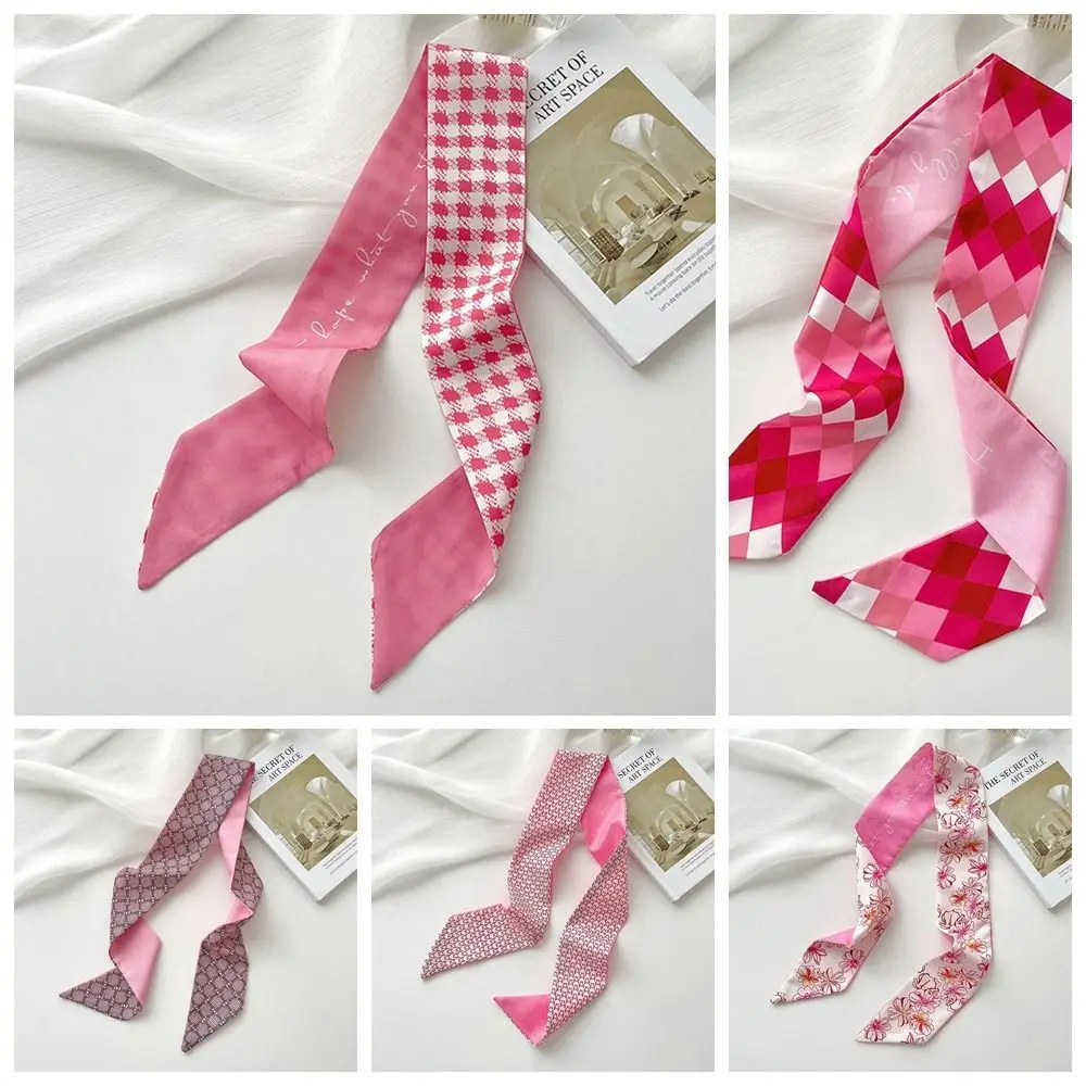 Ribbon Headband Silk Scarf All-match Pink Hair Tie Printed Scarf Flower Neckerchief Scarf Hair Band Women