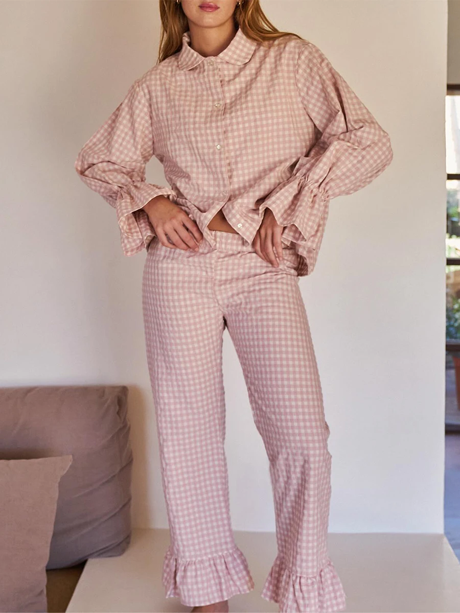 Moda Damska 2-częściowy zestaw spodni w kratę Rozkloszowana koszula z długim rękawem i guzikami Ruffle Hem Bell Gingham Pants Pj Lounge Set Sleepwear