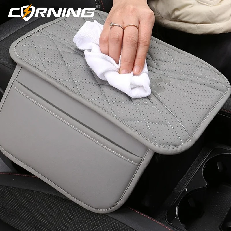 PU Leather Car Armrest Pad with Side Storage Bag Durable Interior Car Accessories Fashionable Armrest Pad Vehicle Storage Soluti