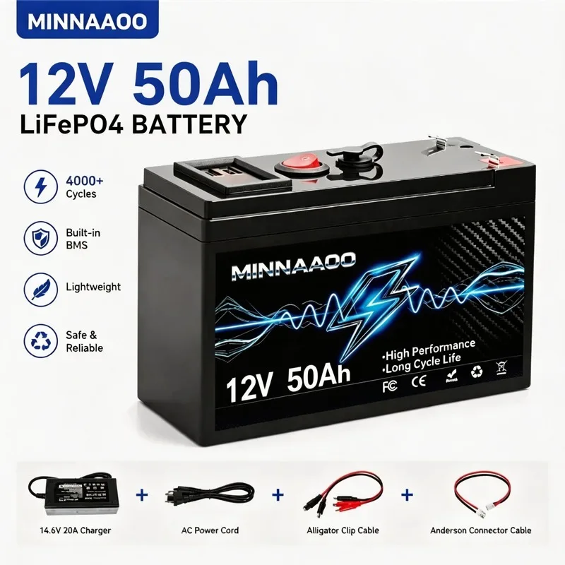 Neuer 12V 50Ah LiFePO4 Lithium-Akku, Tiefzyklus-Batteriepack mit BMS, lange Lebensdauer für Solarenergiespeicherung, Wohnmobile und Marineanwendungen