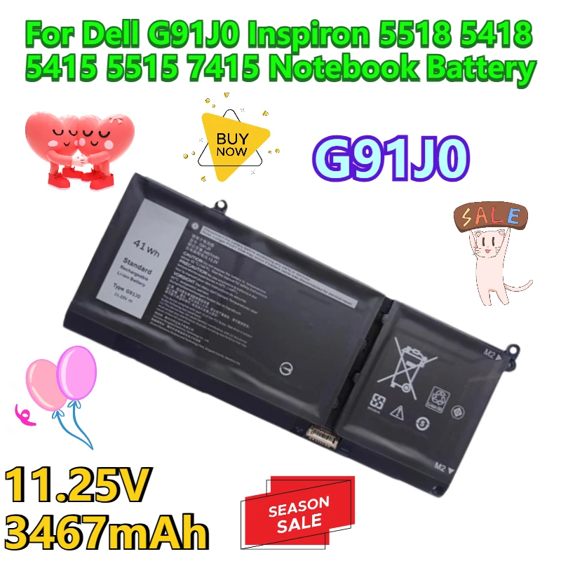 

11.25V 3467mAh for Dell G91J0 Inspiron 5518 5418 5415 5515 7415 Notebook Battery