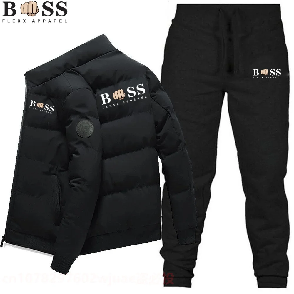 2024 Fashion Winter Korean Edition Men\'s Fashion Warm New Windproof High Quality Polyester Zipper Jacket and Trouser 2-Piece Set