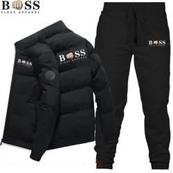 2024 Fashion Winter Korean Edition Men's Fashion Warm New Windproof High Quality Polyester Zipper Jacket and Trouser 2-Piece Set