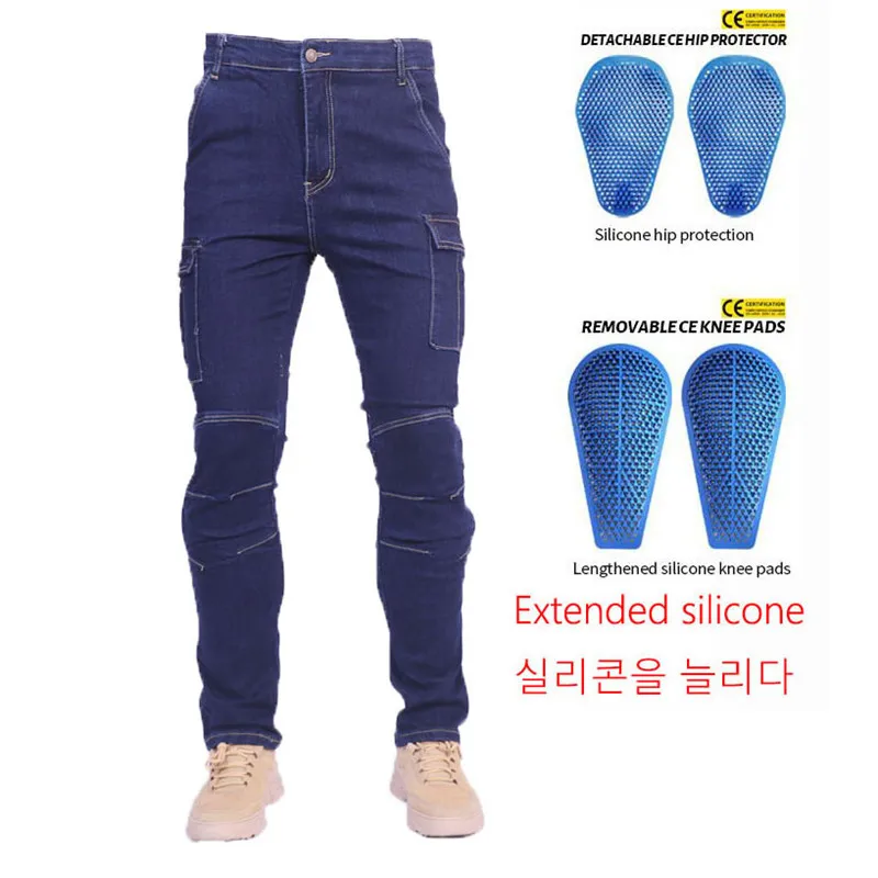 

Motorcyle Riding Pants Knight Elastic Motorcycle Jeans Built in Protect Pocket Hip Knee gears Deep Blue Slim Fit Daily Wear