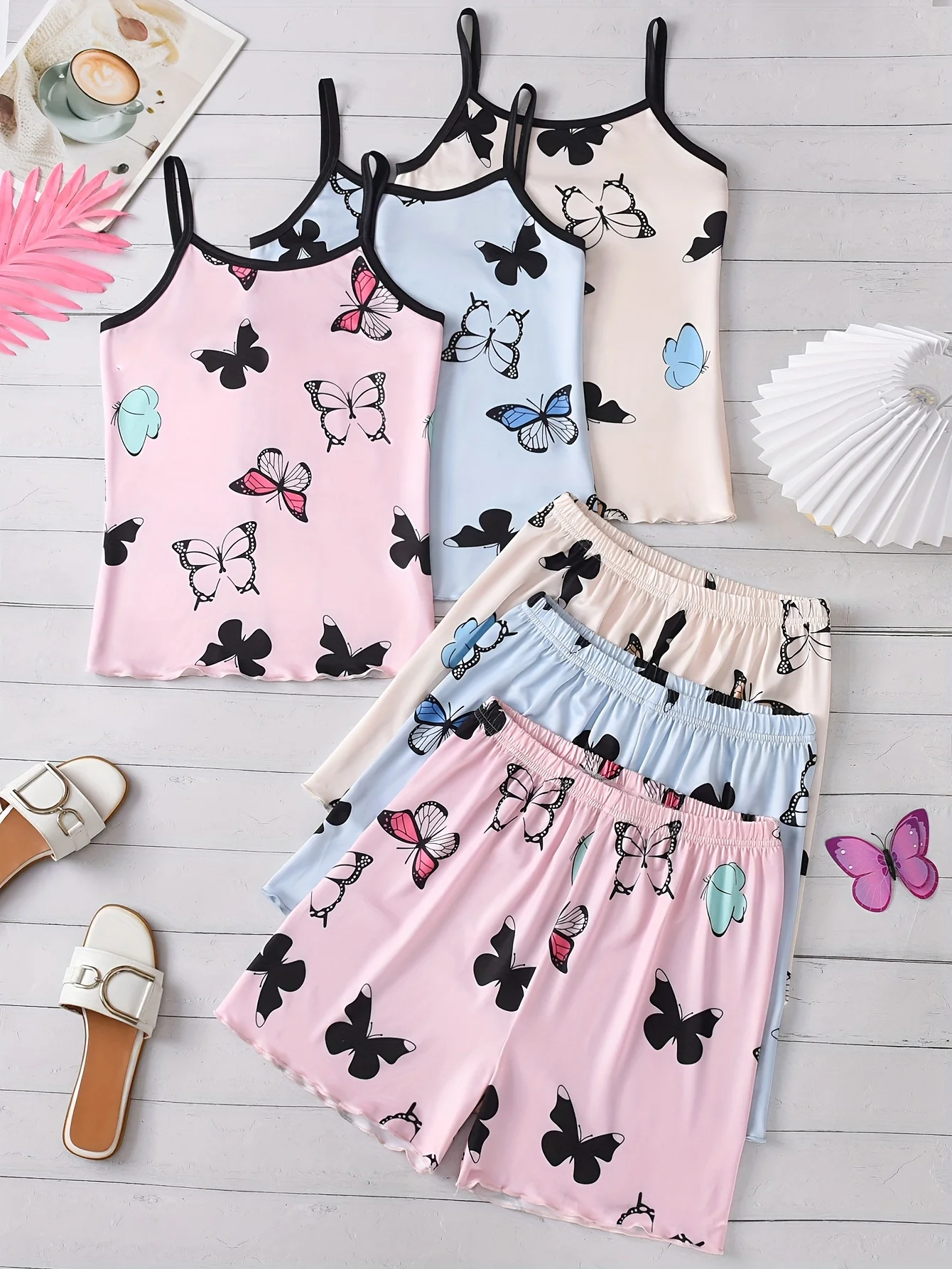 

Женский пижамный комплект с принтом бабочки, комплект из нескольких предметов, сексуальная летняя одежда для сна, топ на бретельках и шорты, одежда для дома из 2 предметов, ночное белье