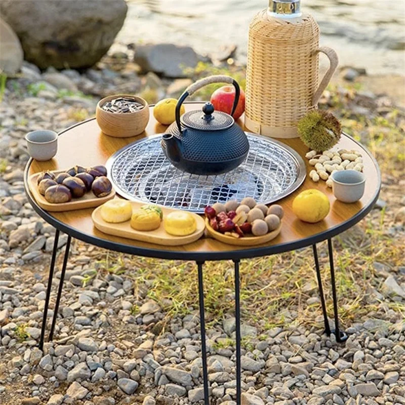 Outdoor Barbecue Table Camping Folding Stove Tea Table Lightweight Round Hot Pot Grill Table Charcoal BBQ Burner Meat Rack