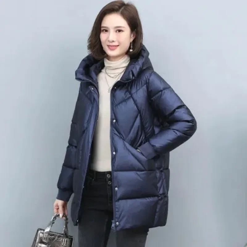 Hooded Cotton Coat Women's Medium Long Styles Winter Elegant Mom Jacket Hooded Spliced Pockets Stand Collar Warm Women Clothing