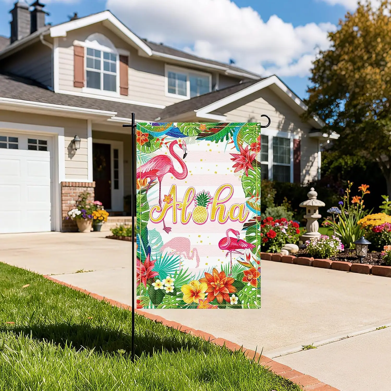 Aloha Garden Flag, Flamingo Hawaii Tropical Luau Party Farmhouse Yard Flag Summer Party Outdoor Indoor Decor Summer Beach La uui